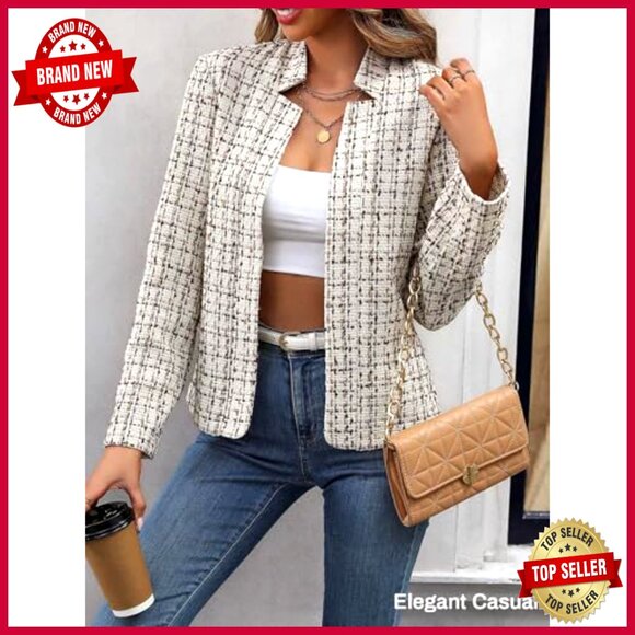 Women's Tweed Blazer Slim Fit Fully Lined Office Wear Professional Jacket - Picture 4 of 7